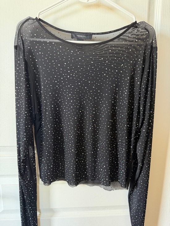 Forever 21 Tops - Forever 21 Black Sheer Polka Dot Long Sleeve Top with White Dots